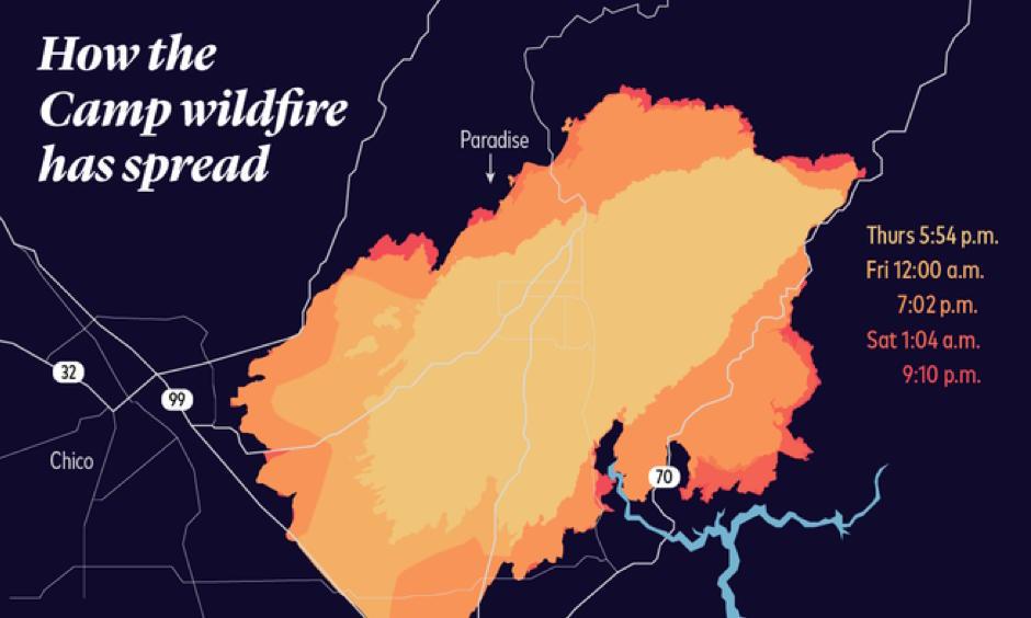 The Camp fire, based on the latest USGS data available early Monday morning. Image: Sara Chodosh