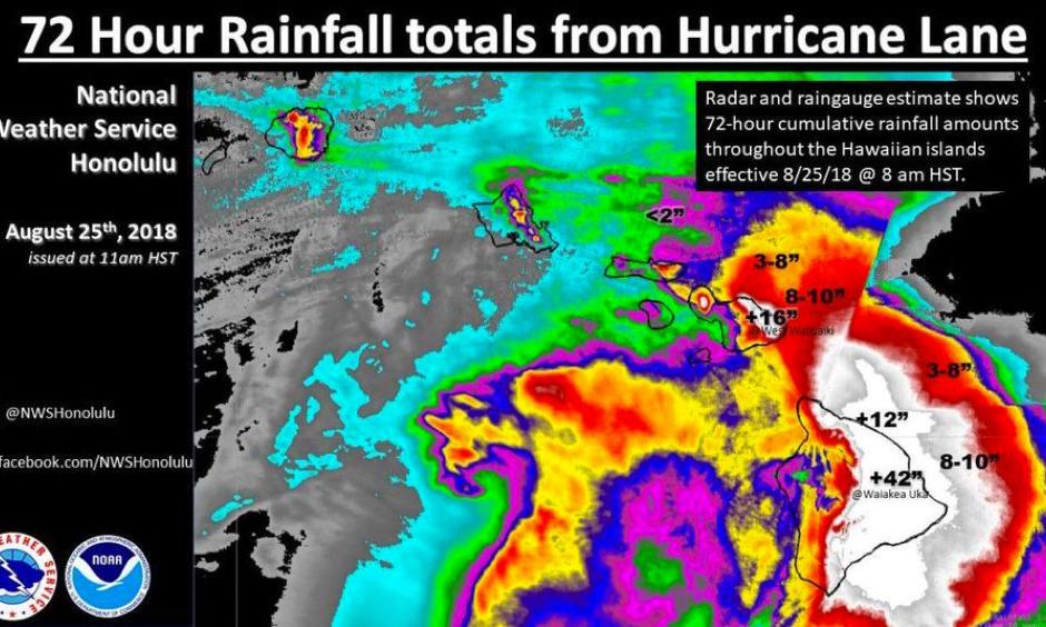 3-day rainfall totals in Hawaii from Hurricane Lane. Image: NOAA/NWS Honolulu
