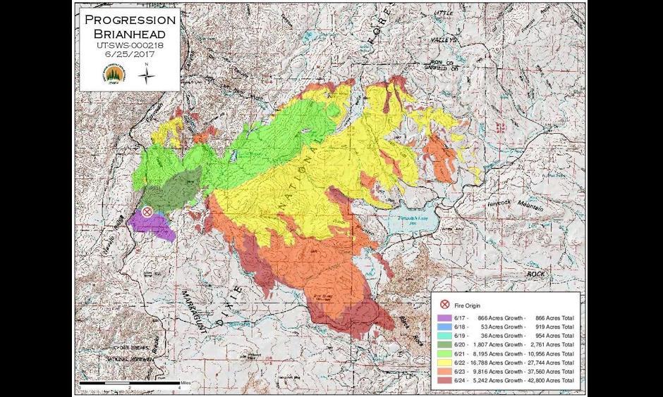 Brian Head Fire - Progression Map, June 25, 2017. Image: InciWeb