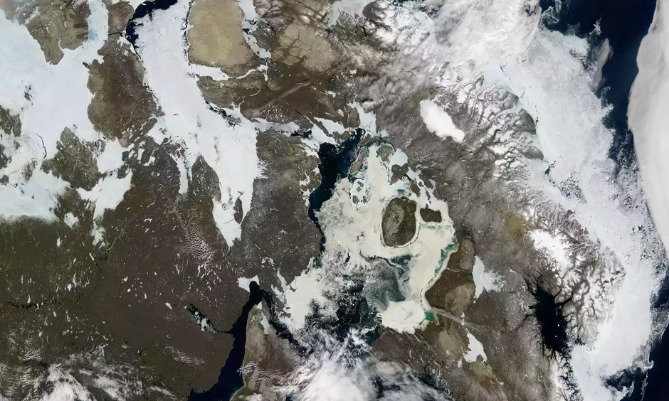 A Nasa image shows receding ice cover over northern Canada. Image: MODIS/Aqua/Nasa