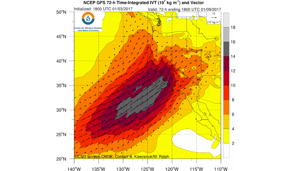 The overall amount of water vapor transport in a 72hr period ending late Sunday is expected to be tremendous, and squarely aimed at California. Image: NCEP via UCSD