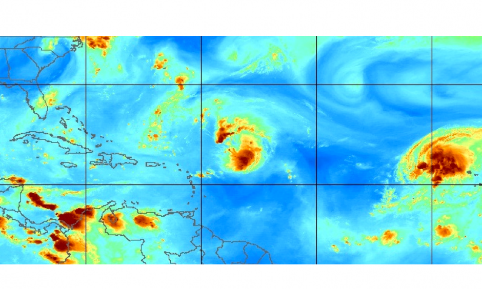 Enhanced satellite image from Wednesday morning depicting mid-upper level water vapor — cool colors indicate dry air. Image: NRL-MRY