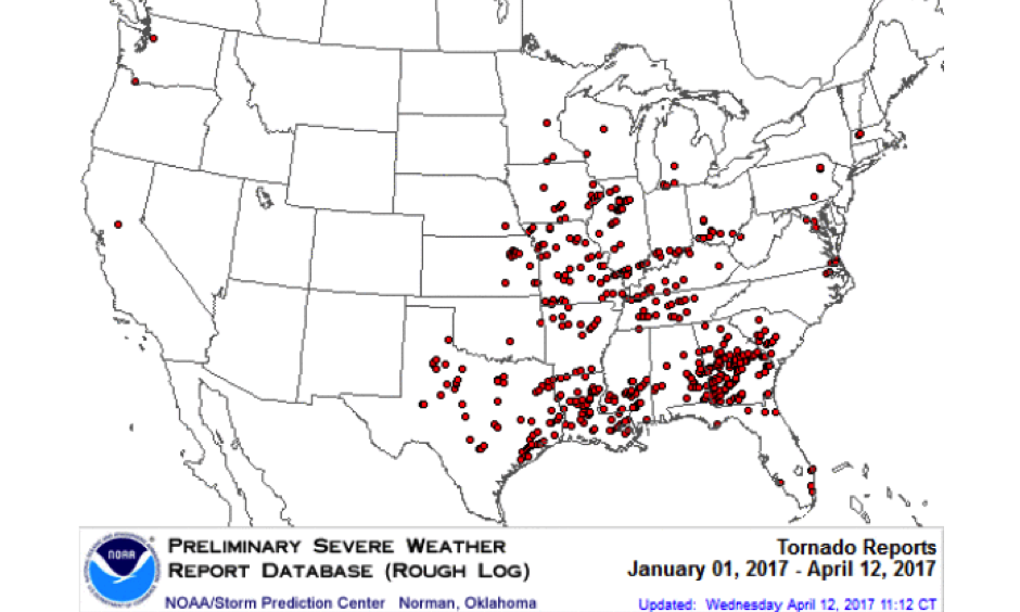 Annual Severe Weather Report Summary for Tornadoes in 2017. Image: NOAA Storm Prediction Center