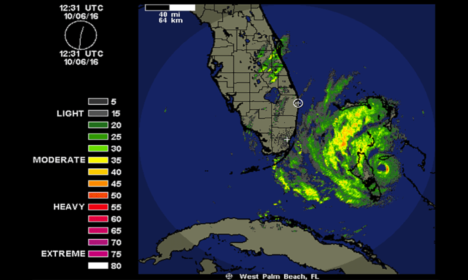 Hurricane Matthew as seen from 248-nm range Miami radar (with clutter turned off) at 8:31 am EDT Thursday, October 6, 2016. Matthew's eye was just east of Andros Island in the Bahamas, and the northern eyewall was beginning to affect Nassau, on New Providence Island. Image: Weather Underground