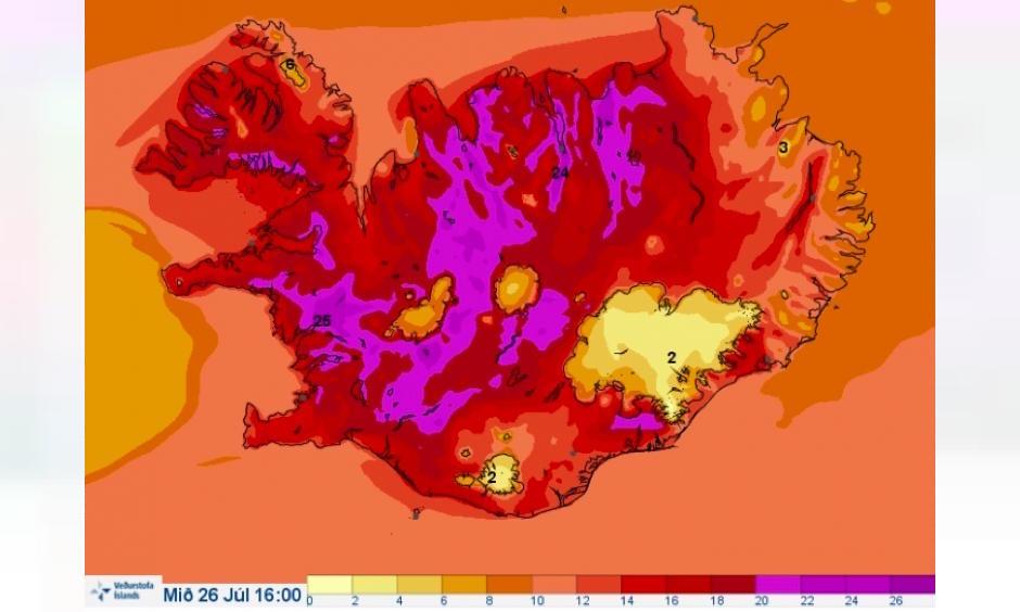 A color rarely seen on the Icelandic weather map. Photo: The Icelandic Met Office