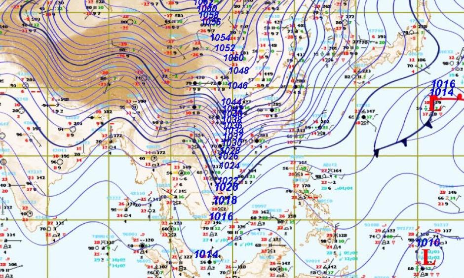 An intense surface high boasted a central pressure of at least 1066 millibars at 0700Z Saturday, Jan. 23, 2016. The frigid high sent cold air cascading across the continent to the lowlands of Southeast Asia. Image: Christopher Burt, Thai Meteorological Department