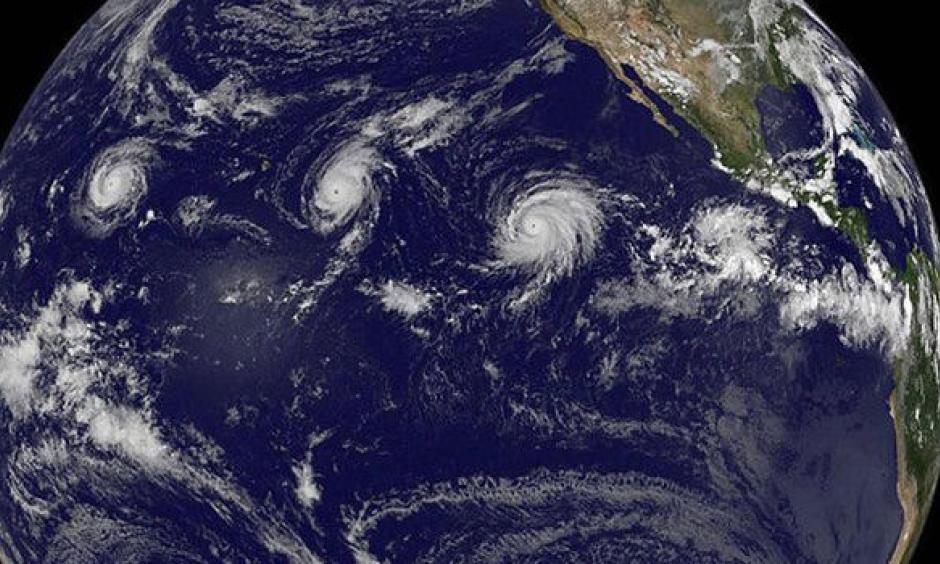 Hurricanes Kilo, Ignacio and Jimena churn in the northeast Pacific Ocean. Image: NASA
