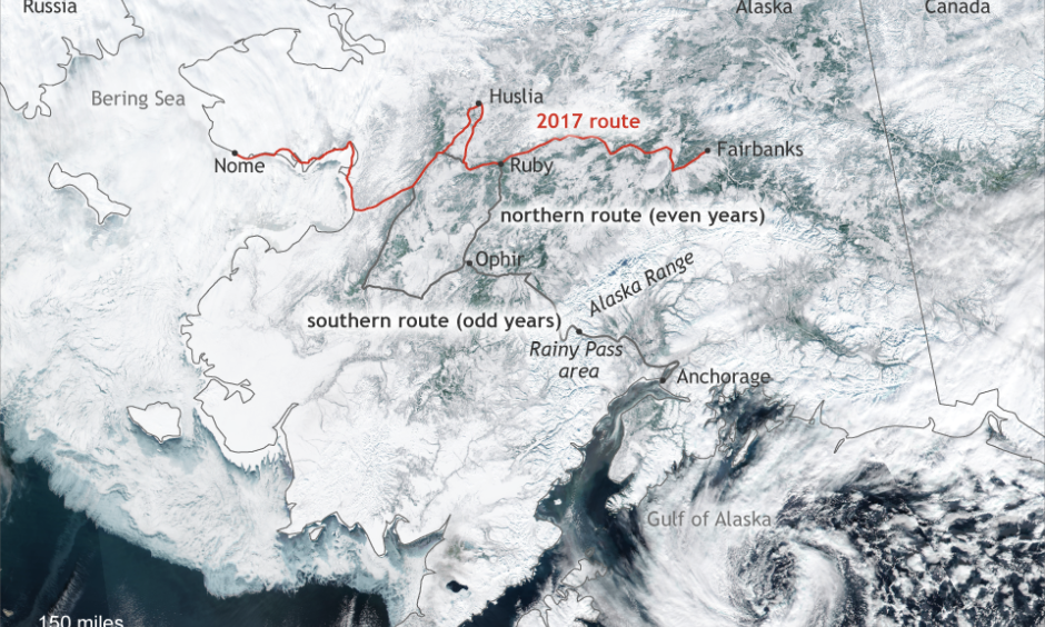 Alaska on March 1, 2017, with the traditional and alternate routes of the Iditarod race included. Image: Climate.gov based on visible and infrared data from the NASA/NOAA Suomi-NPP satellite.