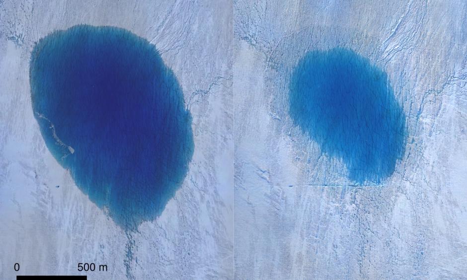 Aerial view of a lake on the Greenland Ice Sheet before, left, and after drainage, right. Credit: Thomas R. Chudley