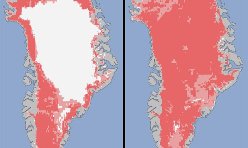 About 40 percent of Greenland's ice sheet thawed at or near the surface on July 8. Four days later, the melt had dramatically accelerated and an estimated 97 percent of the ice sheet surface had thawed. Image: Nicolo E. DiGirolamo, SSAI/NASA GSFC, and Jesse Allen, NASA Earth Observatory