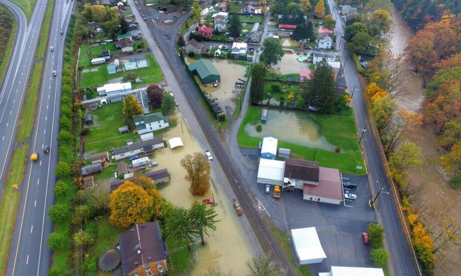 This is an aerial picture of Milesburg, which experienced flooding Friday. Photo: Justin Melanson