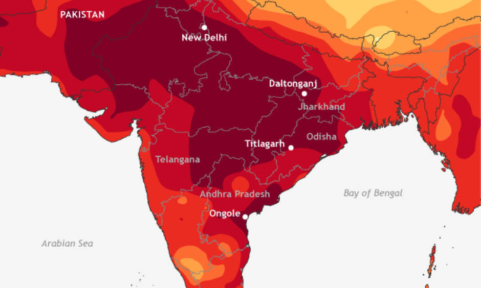 Hottest daytime high temperature during the week May 24-30, 2015. NOAA Climate.gov map by Fiona Martin, based on interpolated weather station data provided by the India Meterological Department.
