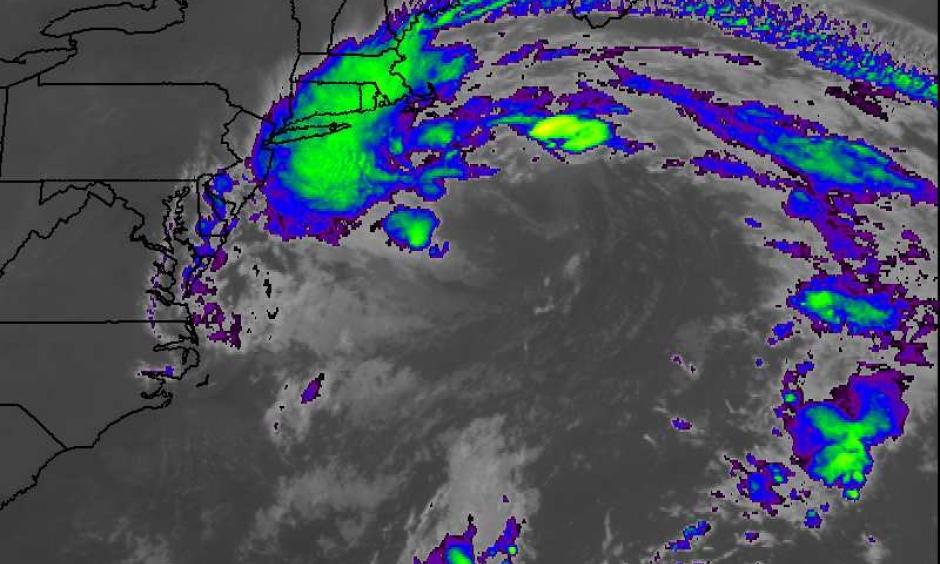 Infrared satellite image of Hermine as of 1337Z (9:37 am EDT) Monday, September 5, 2016. The brightest colors correspond to the coldest (highest) cloud tops, although few of these clouds were producing rainfall over New England except for southeast Massachusetts. Image: NASA/MSFC Earth Science Office