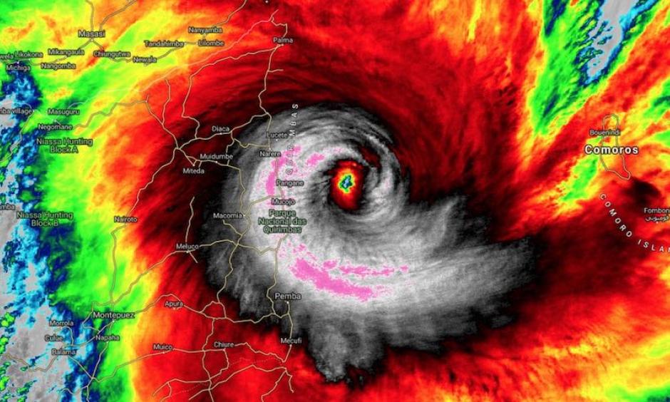 Fearsome Kenneth was bearing down on the coast of Mozambique on Thursday, as seen in this infrared satellite image from 11Z (7 am EDT) Thursday, April 25, 2019. Credit: Scott Bachmeier and @CIMSS_Satellite