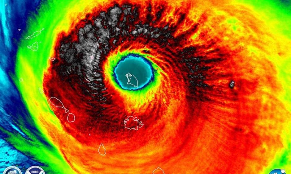 The strongest storm of 2017, Hurricane Irma, as seen in infrared by the VIIRS instrument on NOAA’s Suomi satellite at 1:35 am EDT Wednesday, September 6, 2017. At the time, the island of Barbuda was in the eye, and Irma was at peak strength--a Category 5 storm with 185 mph winds. Image: UW-Madison/CIMSS