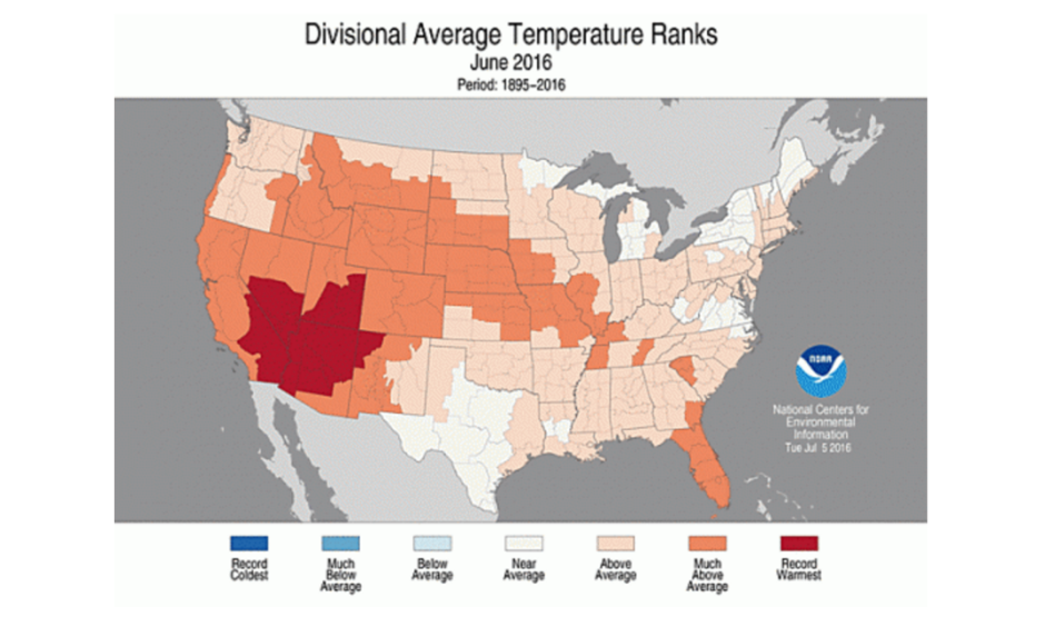 How temperatures across the contiguous U.S. compared to normal during June 2016. Click image to enlarge. Image:: NOAA