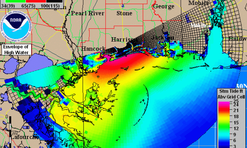 Maximum height of the storm surge above each grid cell in NOAA's SLOSH model for Hurricane Katrina of 2005. This image does not show the height above mean sea level of the surge, but rather how high the surge was above the surface. The simulated surge values compare well with the actual surge heights. Image: FEMA