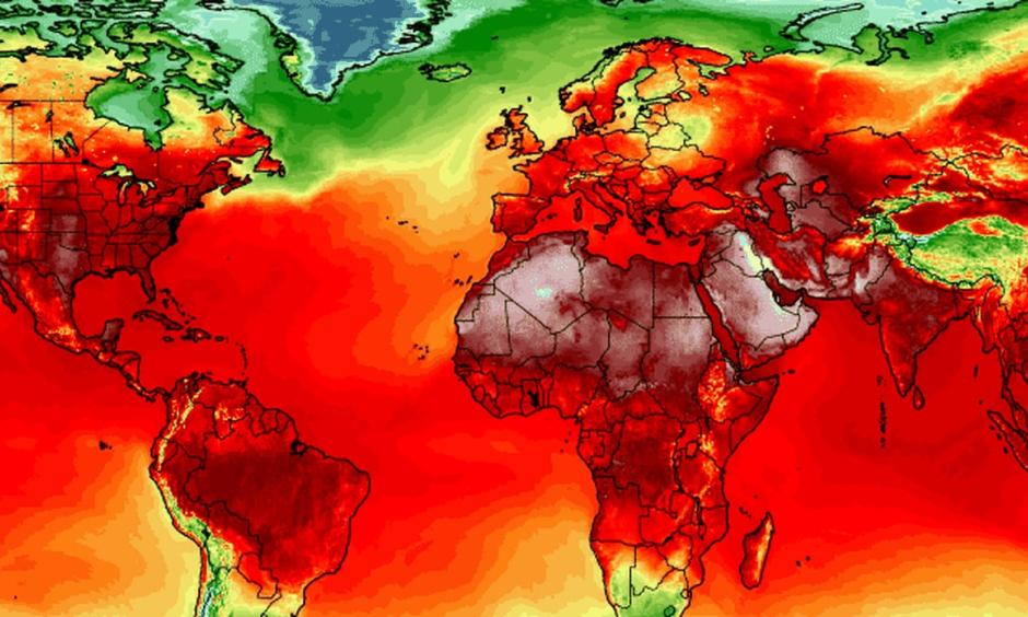 Simulation of maximum temperatures on July 3 from American (GFS) weather model at two meters above the ground. Image: University of Maine Climate Reanalyzer