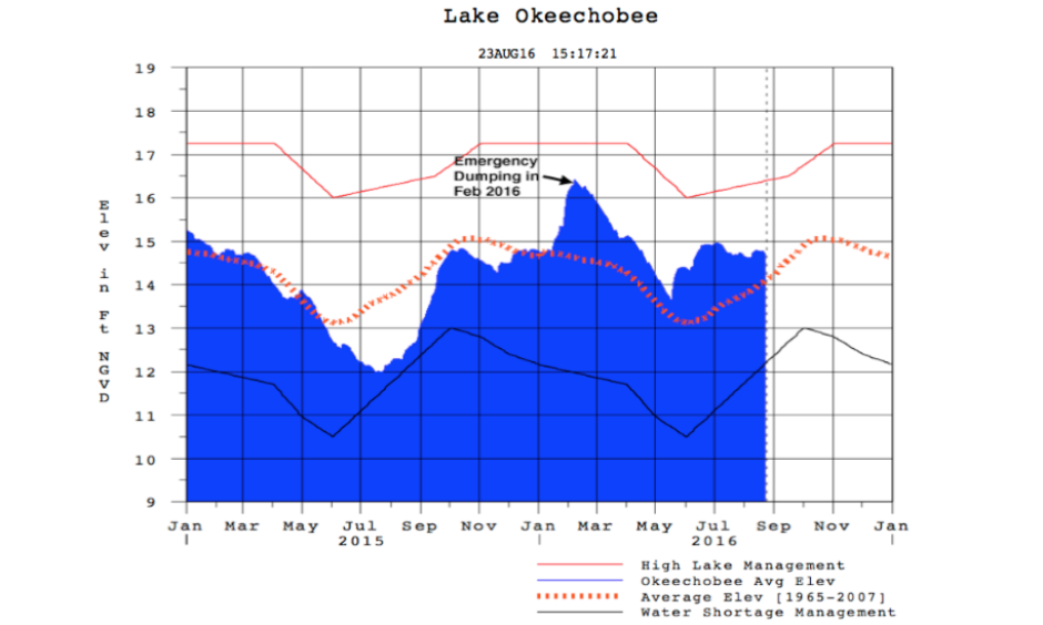 Water level of Florida's Lake Okeechobee between January 2015 and August 23, 2016. Heavy winter El Niño rains forced emergency dumping in February, and dumping at a slower rate has continued all year. The Army Corps tries to keep the lake level below 15.5'; the dike surrounding the lake is in danger of failure when the lake level hits 18.5'. As of August 23, 2016, the lake level was 14.7’. Lake Okeechobee reached an elevation of 18.6' and 18.5'--both 1-in-30-year events--in 1995 and 1998. Image: USACE