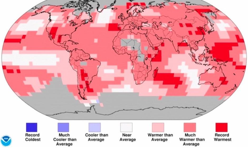Temperature percentiles for land and ocean areas across Earth for the year 2017, as compared to the entire period from 1880 to 2017. Areas in darkest red had the warmest annual temperatures in 2017 of any year on record. Image credit: NOAA