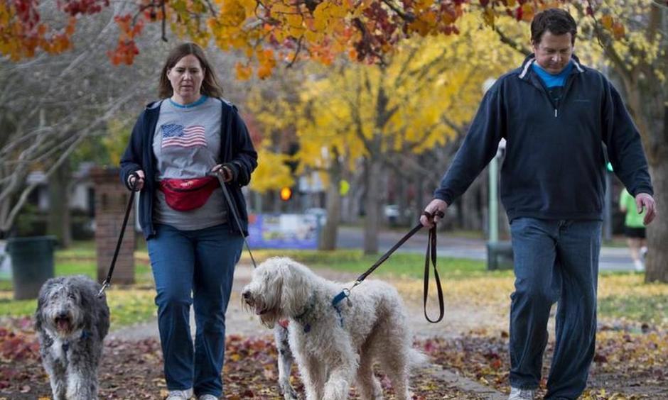 Amy and Reed Borchers of Carmichael walked their dogs in McKinley Park Sunday, saying they had “cabin fever” after the past few days of rain. Photo: Lezlie Sterling