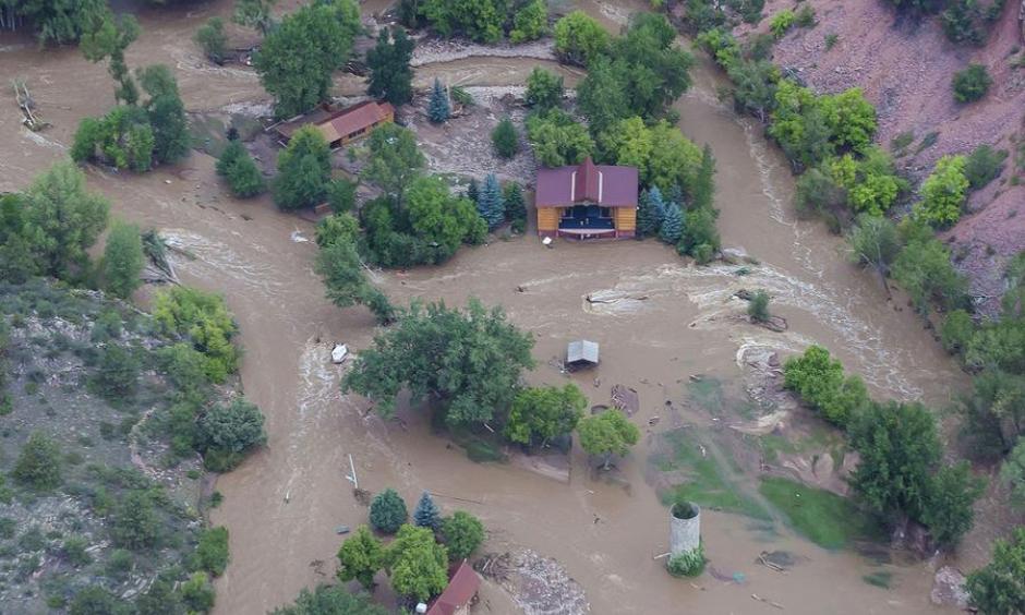 Structural damage along the Big Thompson River and Highway 34, taken from a Colorado Air National Guard helicopter. Photo: U.S. Air National Guard