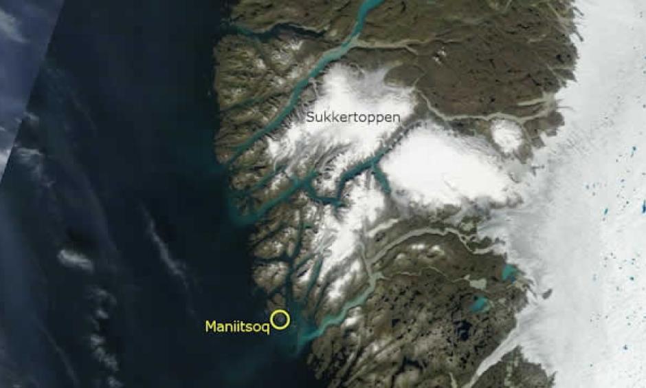 Satellite photo of the area around Maniitsoq and Sugar Loaf Mountain on Tuesday 30 July 2013. Photo: NASA’s Terra satellite