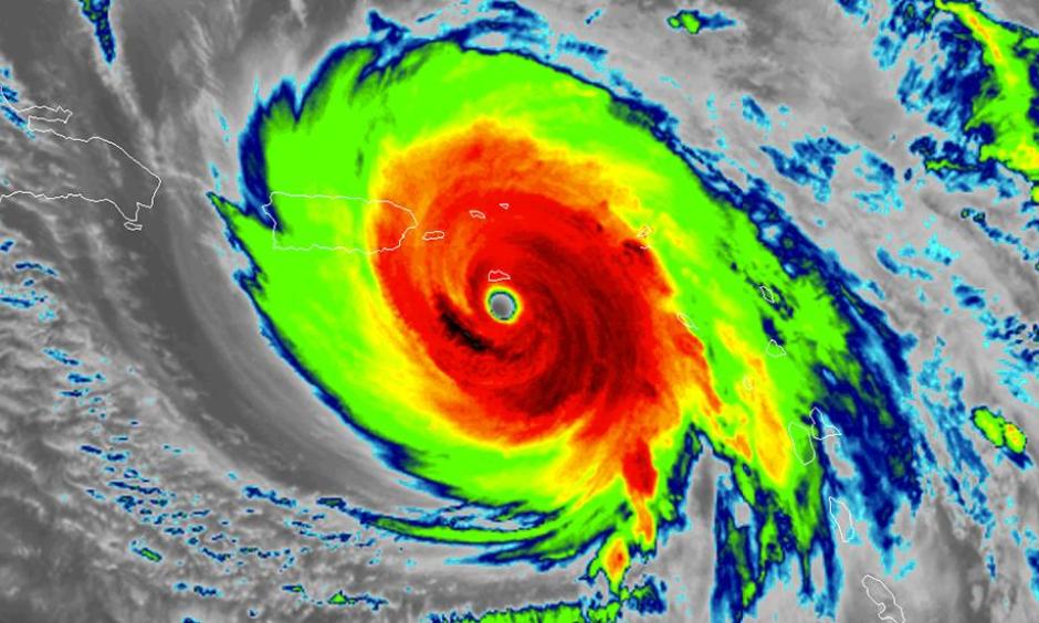 Infrared satellite image from GOES-16 of Hurricane Maria at peak intensity (Cat. 5, 175 mph winds, 908 millibars) on Sep. 20, 2017 at 12 a.m. EDT. Image: CIRA/RAMMB