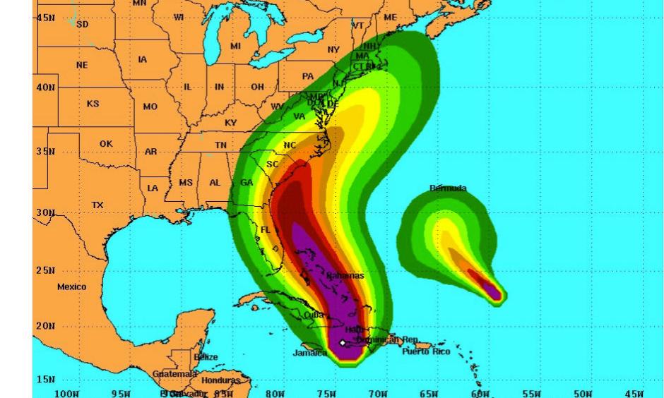 Hurricane Matthew (left) wind speeds are expected to be highest in Haiti, Cuba and the Bahamas (magenta) and then lessen as the system moves northward, whereas Tropical Storm Nicole (right) is moving to the northwest, according to a forecast made at 8 a.m. EDT Tuesday (Oct. 4). Image: NHC, NOAA