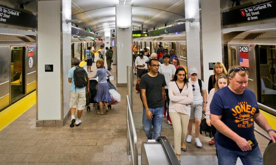 Passengers leave the No. 1 train at the South Ferry Station, Tuesday June 27, 2017, in New York. The station reopened Tuesday, nearly five years after it was flooded by Superstorm Sandy in October 2012. Photo, Bebeto Matthews