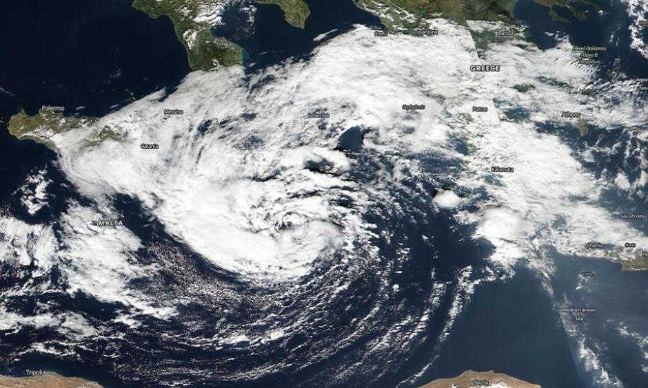 High-resolution visible image from the Suomi NPP satellite of the Mediterranean Sea tropical cyclone on October 30, 2016. Image: NASA Worldview