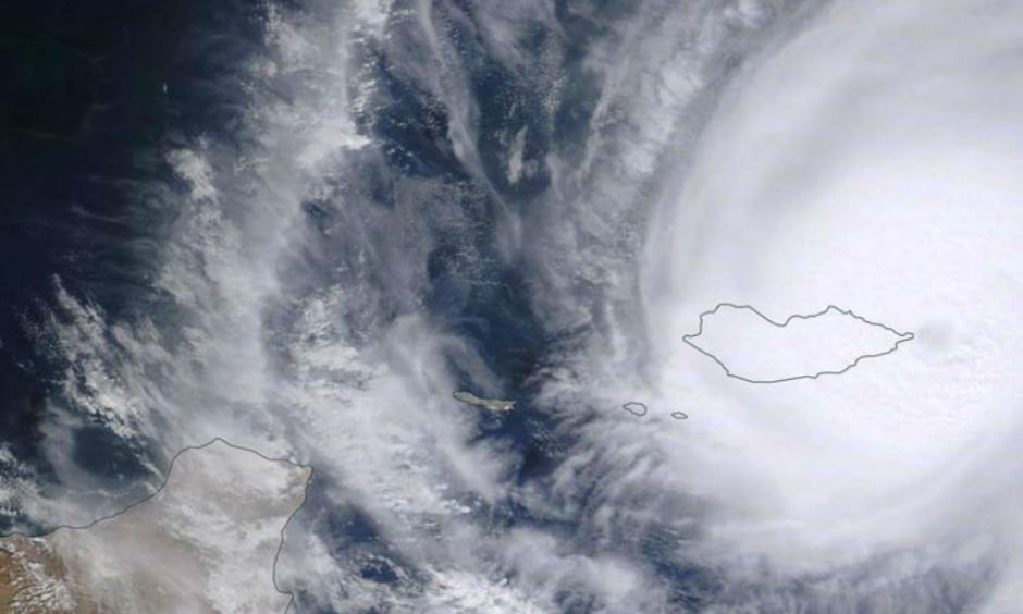 MODIS image of the eye of Tropical Cyclone Megh making landfall on Yemen's Socotra Island on November 8, 2015. At the time, Megh was a Category 3 storm with 125 mph winds. Image credit: NASA.