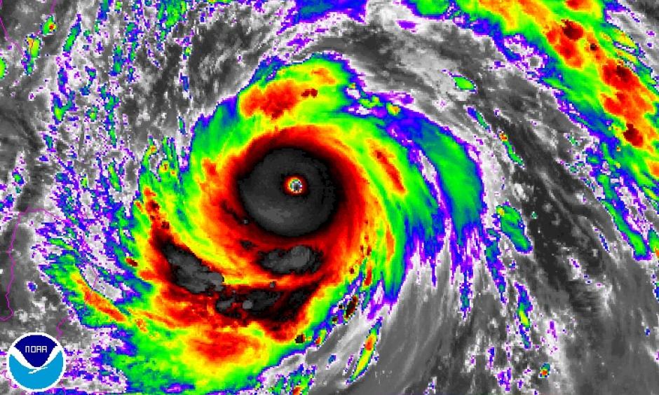 Enhanced infrared satellite image from Japan’s Himiwari-8 satellite of Typhoon Meranti at 1500Z (11:00 am EDT) Monday, September 12, 2016. Image: NOAA/NESDIS
