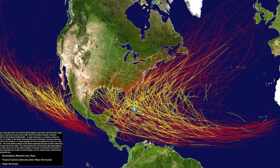 Tracks of Category 3 or stronger hurricanes (in yellow), and other hurricanes, tropical storms and tropical depressions (in red) in the Atlantic Basin from 1851-2013 and in the eastern Pacific Basin from 1949-2013. Image: National Hurricane Center
