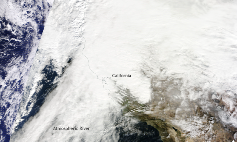 Satellite image taken on January 8, 2017. Heavy rains and snow battered California during a multi-day atmospheric river event. Image: NASA MODIS/TERRA satellite