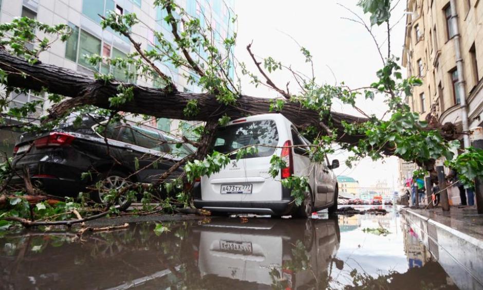 Vehicles are covered with a fallen tree following a storm, in a residential area of Moscow, Russia. Thunderstorms and strong winds buffeted Moscow and its surrounding areas on Monday. Photo: Sergey Vedyashkin, Moscow News Agency photo via AP