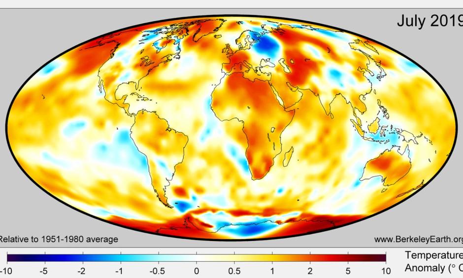 Global average surface temperatures during July 2019 compared to the 1951-1980 average. Credit: Berkeley Earth