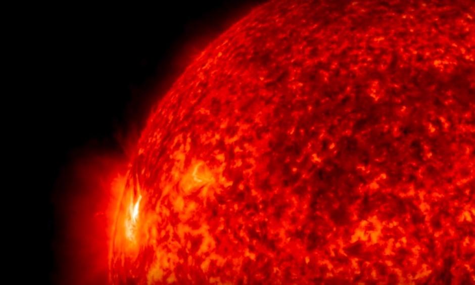 Solar material bursts from the sun in this close-up from a video captured on July 9-10, 2016, by NASA’s Solar Dynamics Observatory, or SDO. The imagery is colorized here in red for easy viewing. Image: NASA/SDO/GSFC/Joy Ng