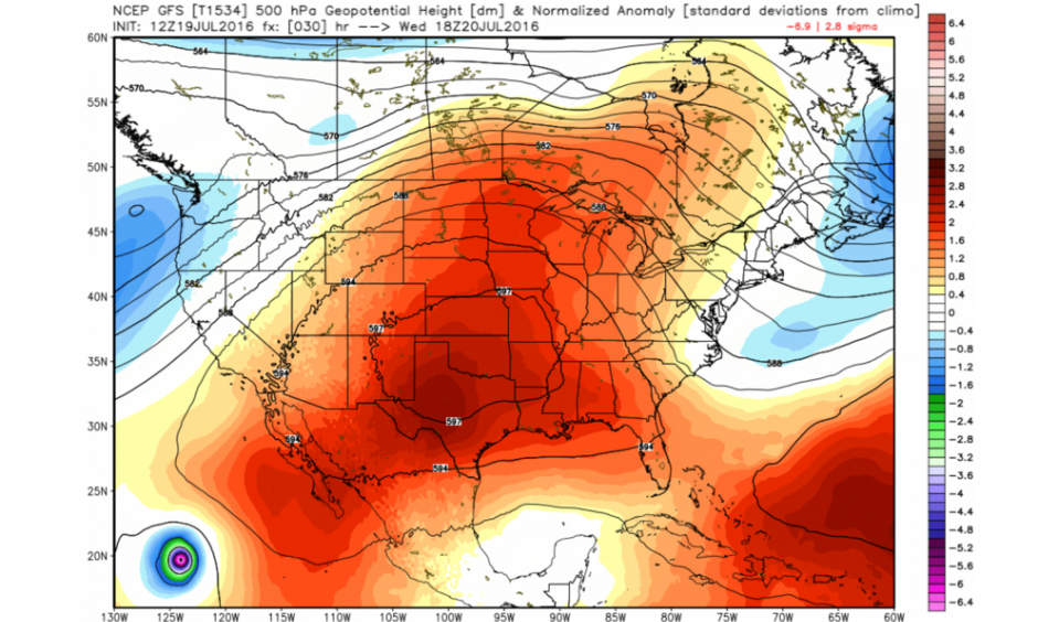 GFS model simulation of the heat dome centered on the South Central United States on Wednesday. Image: WeatherBell