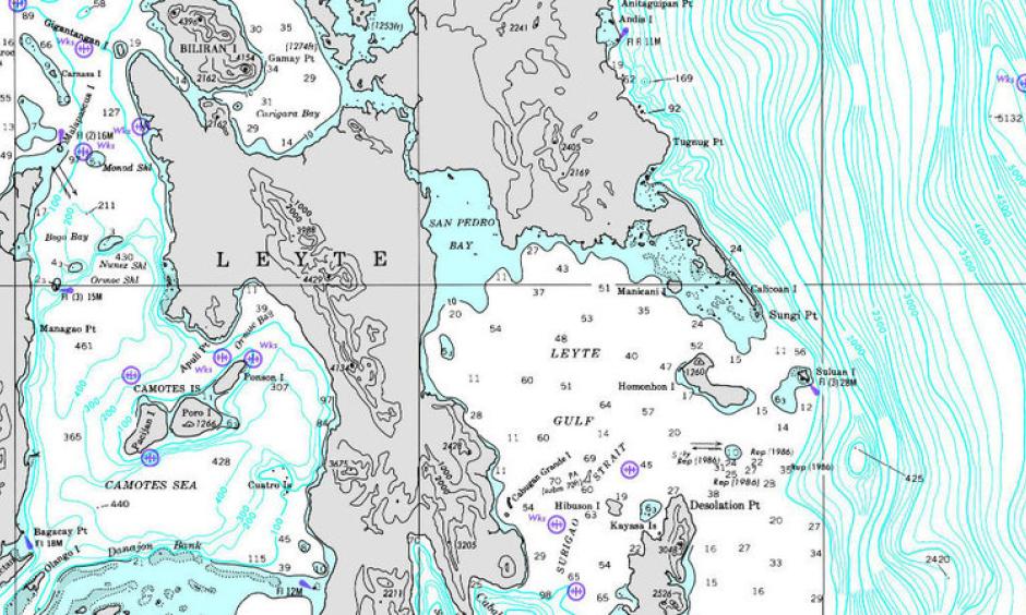 Typhoon Haiyan struck the Leyte Gulf, in the Philippines, nearly dead-on, creating a 13-foot storm surge that funneled water into Tacloban city. Image: NOAA Office of Coast Survey