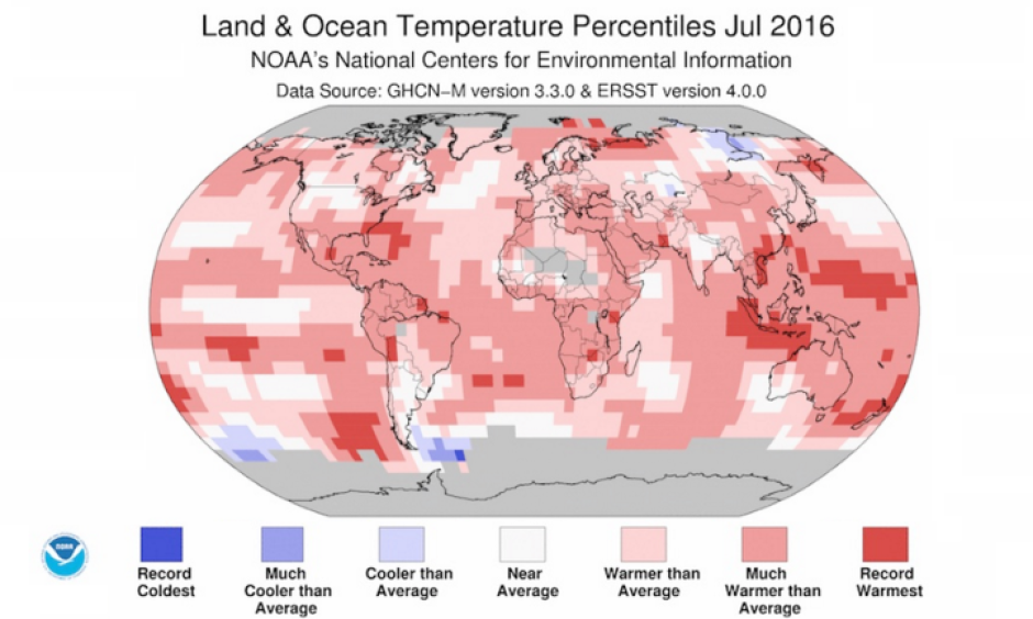 Departure of temperature from average for July 2016, the warmest July for the globe since record keeping began in 1880. Pockets of record warmth were observed across every major ocean basin and over a few land areas. Image: National Centers for Environmental Information (NCEI)