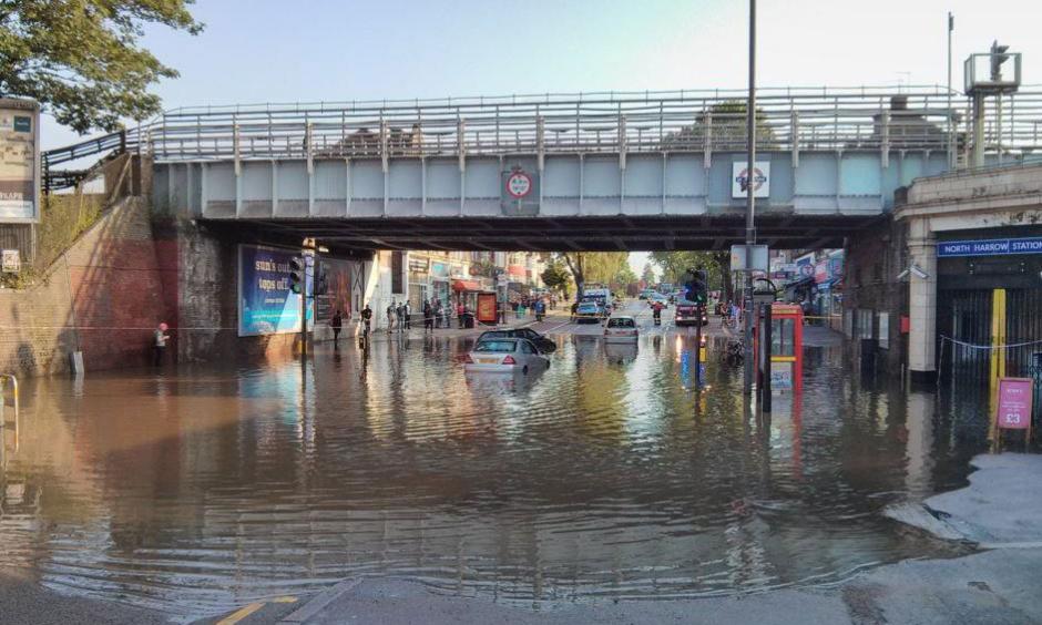 Flash flooding: The scene outside North Harrow station. Photo: Dan Hanley
