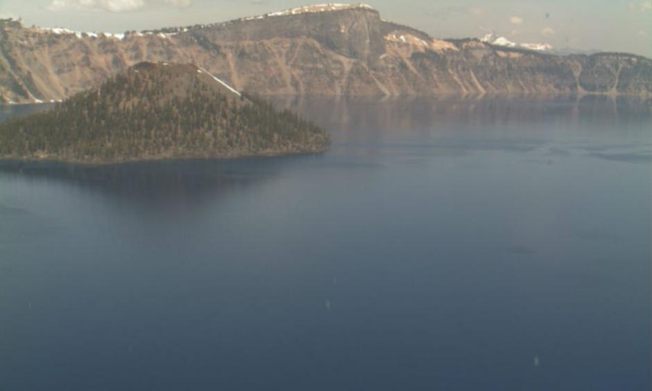 Unusually low snow levels seen at Oregon's Crater Lake on April 21, 2015. Credit: NPS