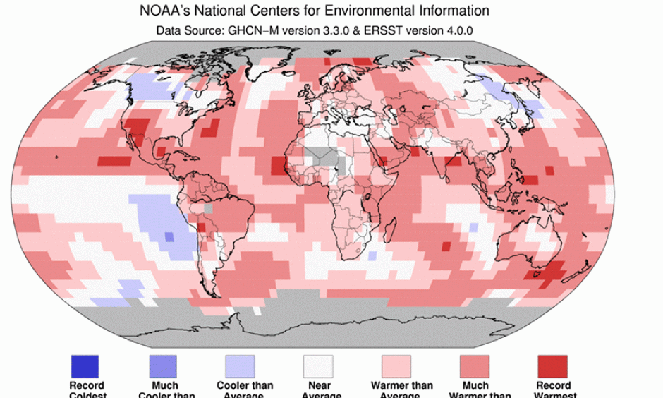 Departure of temperature from average for November 2017, the 5th warmest November on record for the globe. Record warmth was limited to the southwestern contiguous U.S., the oceans off the southeastern coast of Australia, and scattered across parts of the eastern tropical Pacific Ocean, Atlantic Ocean, western Pacific Ocean, and across parts of southern Asia. No land or ocean areas experienced record cold November temperatures. Image: National Centers for Environmental Information (NCEI)