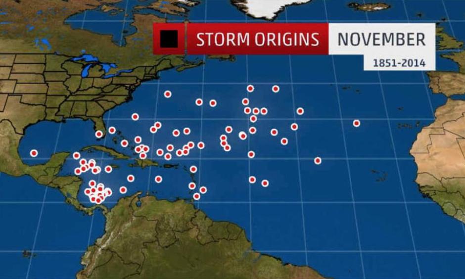Tropical cyclone origin points for November. Photo: National Hurricane Center