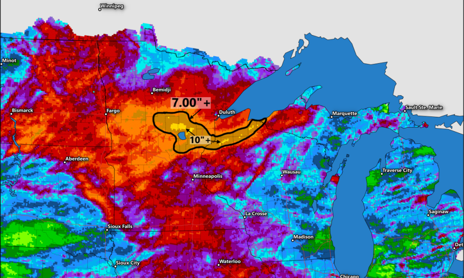 Total rainfall between July 5 and July 12, 2016. Much of the heavy rain in northern Minnesota and Wisconsin fell in the span of 24 hours. Image: Dennis Mersereau