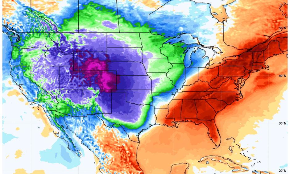 Temperature difference from normal over Lower 48 states at 2 a.m. Eastern time on Wednesday. Credit: WeatherBell.com