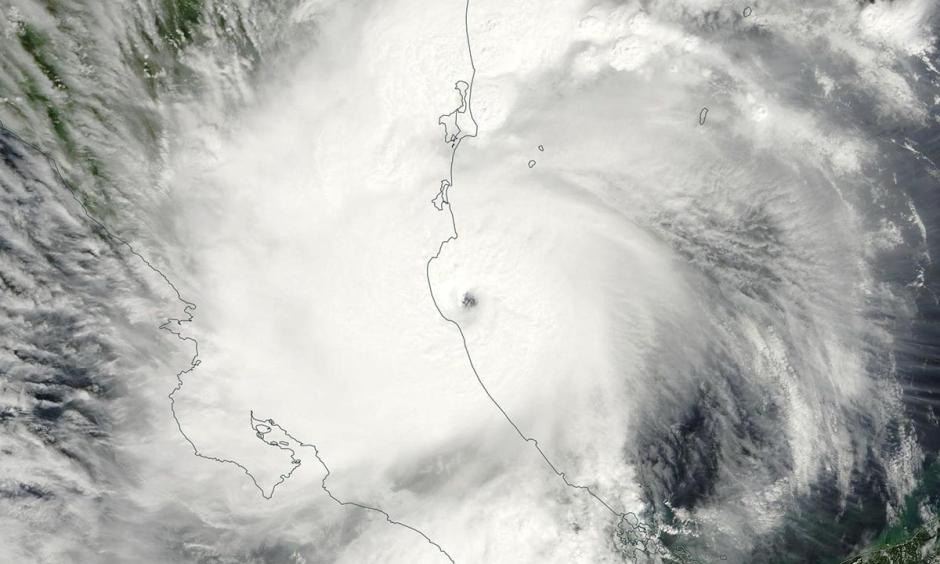 MODIS satellite image of Otto taken at approximately 11 am EST, November 24, 2016--Thanksgiving Day. At the time, Otto was a Category 2 storm with 110 mph winds about to make landfall in Nicaragua as the strongest Atlantic hurricane ever observed so late in the year. Image: NASA