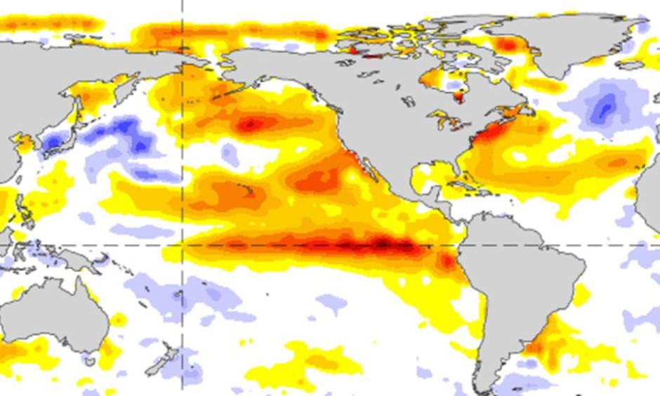 This sea surface temperature anomaly graphic shows both the blob and El Nino as they were in September of 2015. Photo: NOAA