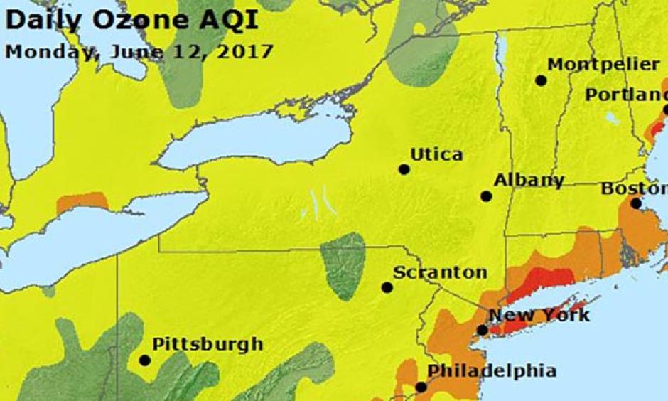 Peak ozone pollution levels for Monday, June 12, 2017, as measured using the Air Quality Index (AQI). An AQI with red colors is “Unhealthy”, meaning everyone may begin to experience health effects, and members of sensitive groups may experience more serious health effects. An AQI in the orange range is “Unhealthy for Sensitive Groups”, meaning members of sensitive groups like the elderly and those with lung disease may experience health effects, but the general public is not likely to be affected.